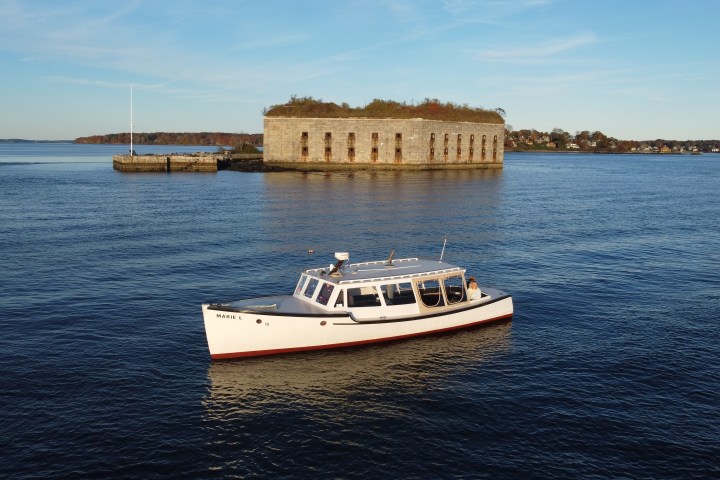 Marie L passes by Fort Gorges on Casco Bay as seen from drone.